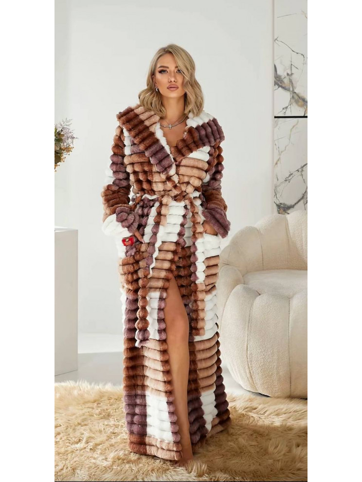 Женский длинный махровый халат коричнево-бежево-белый с поясом