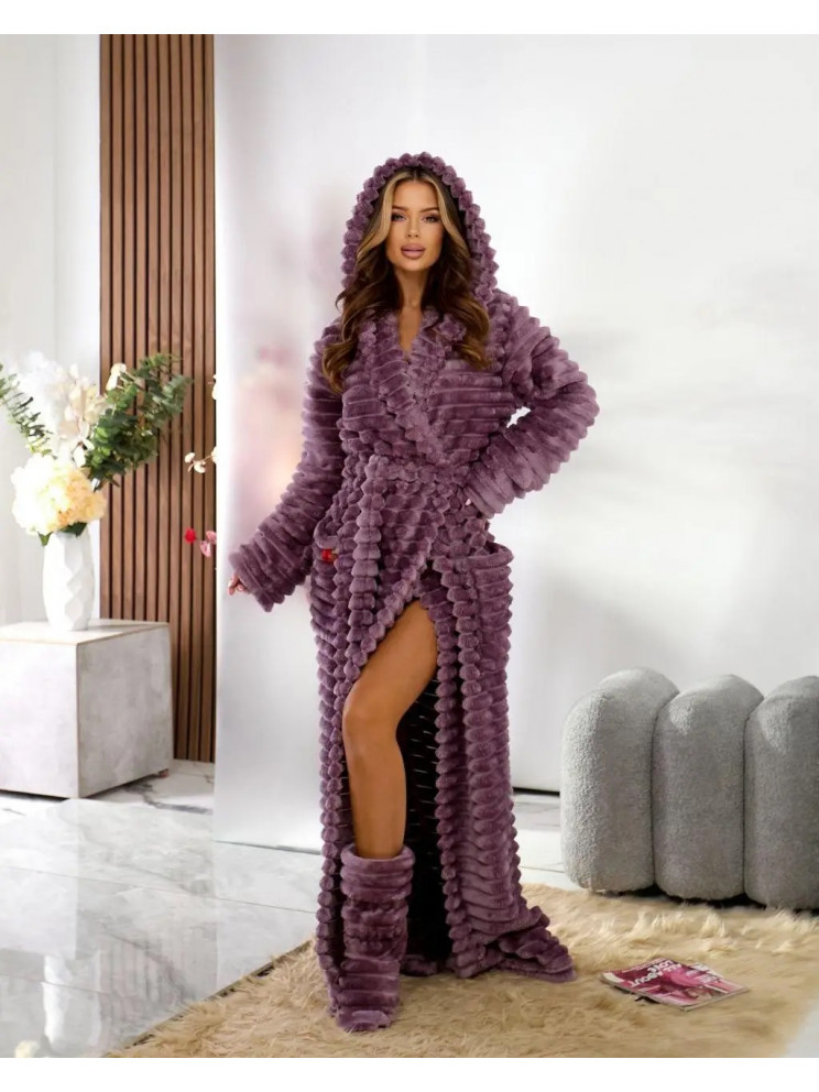 Женский длинный махровый халат лиловый с поясом