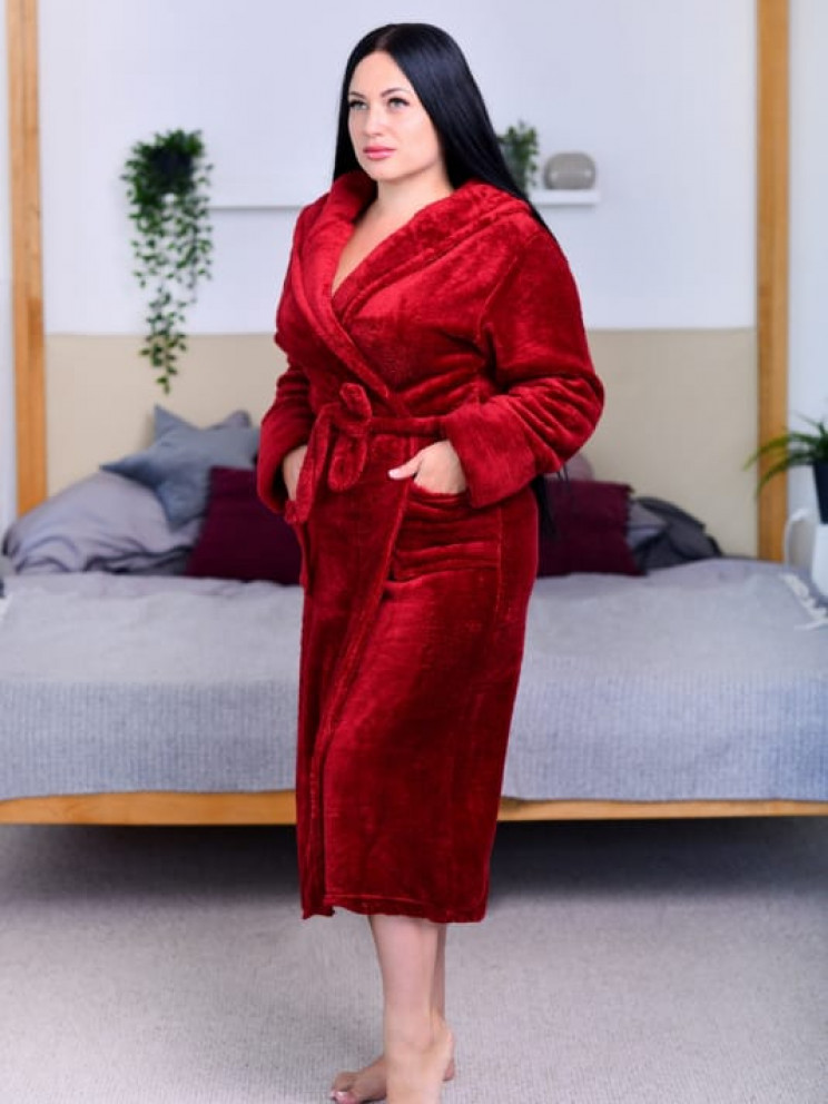 Женский бордовый махровый халат Woman Romance Style 2105